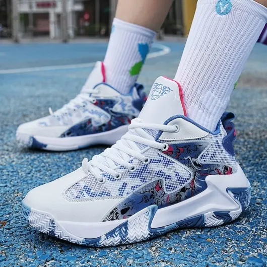 Chaussures de Basketball Mixte Homme Femme Hautes - Baskets Sport Respirantes Antidérapantes Amorties, pour Entraînement et Match, Style Moderne Multicolore, Tailles 37-46 EU 43 EU Blanc