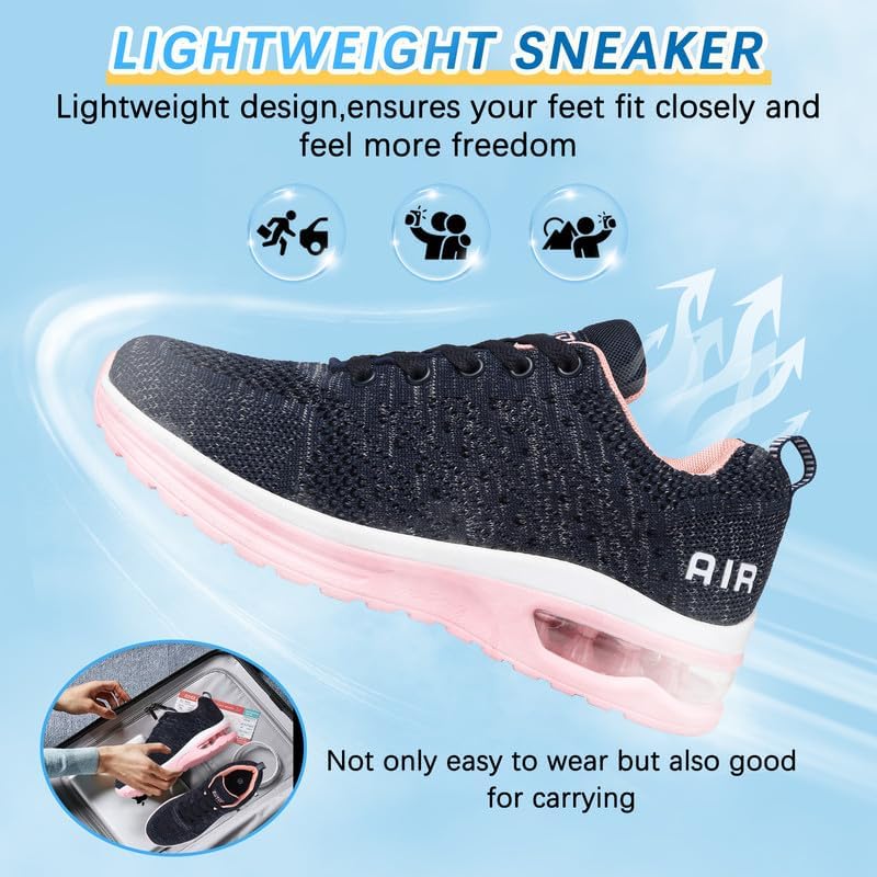 Basket Femme Chaussures de Running Sneakers Femme Basket de Marche à Coussin d'air Respirant Chaussures de Course Légères Chaussures Mode et Sport pour Femmes Fitness Gym Jogging Outdoor Sneakers 36 EU Bluepink