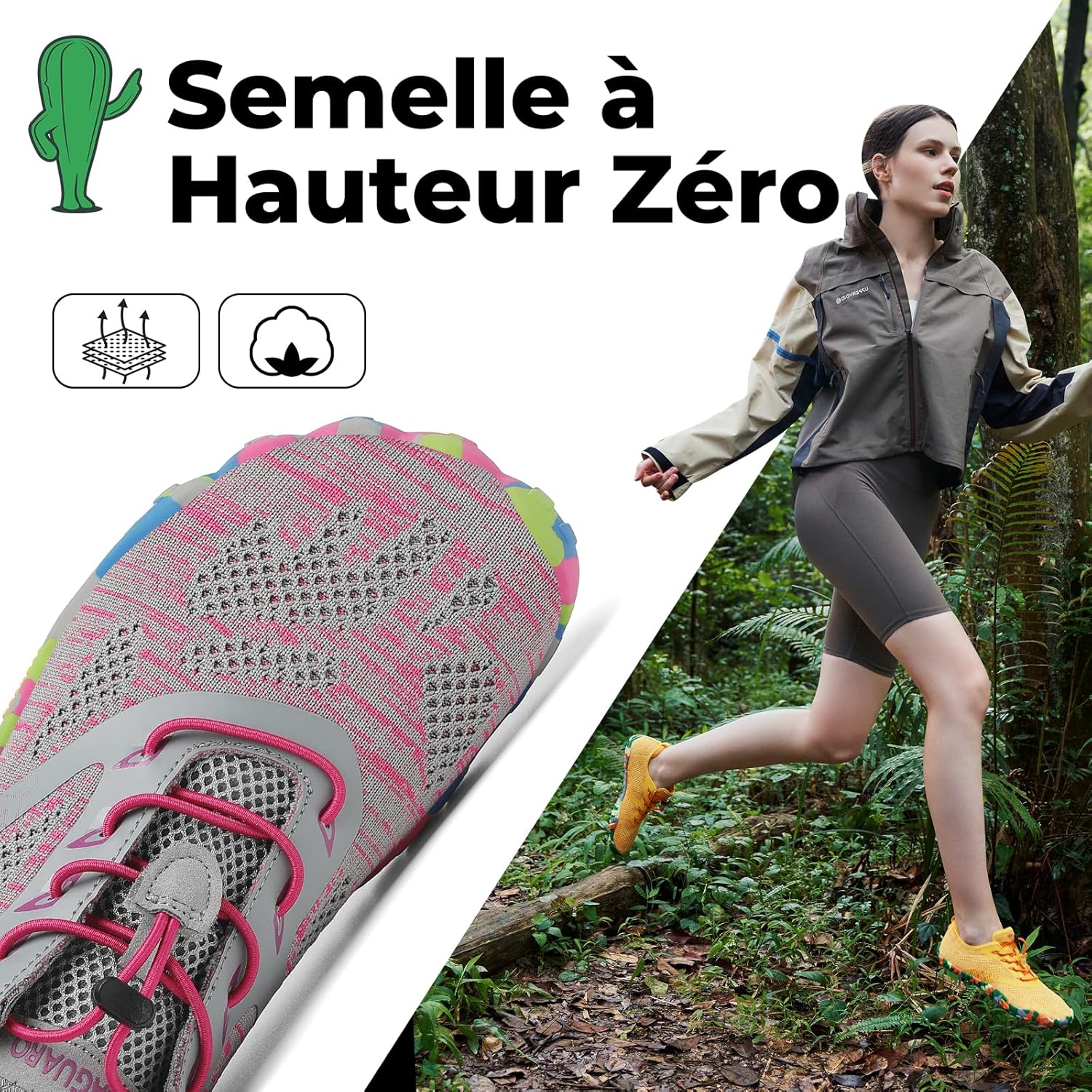 Chaussures Minimaliste Homme Femme Barefoot Shoes Chaussures Pieds Nus Antidérapantes Barefoot Chaussures de Trail Chaussure Randonnée pour Semelle Zero Drop EU GR.36-48 42 EU Rose Gris