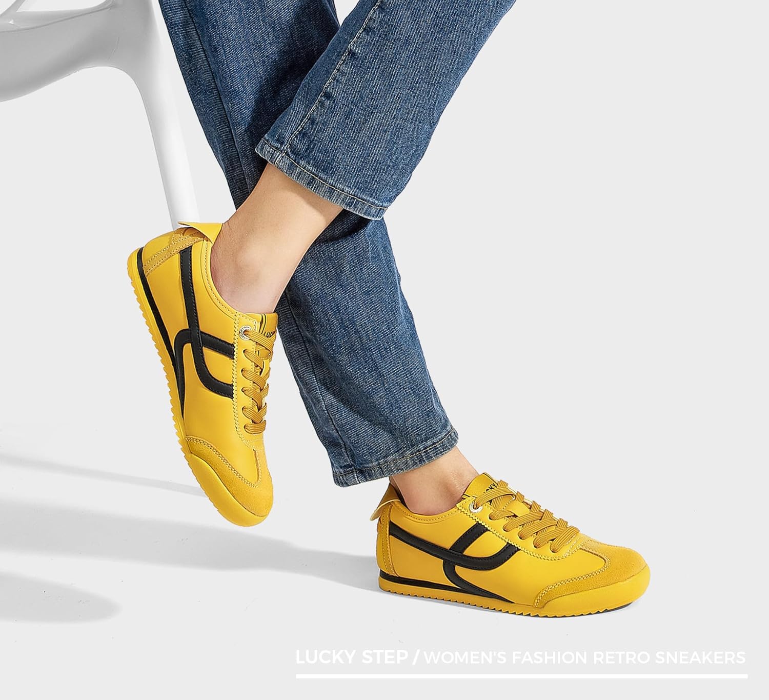 LUCKY STEP Sneakers Légères Rétro pour Femme - Design à Semelle Fine Flexible et Mesh Respirant, Chaussures Loisirs pour Marche en Ville et Sport Jaune 37 EU