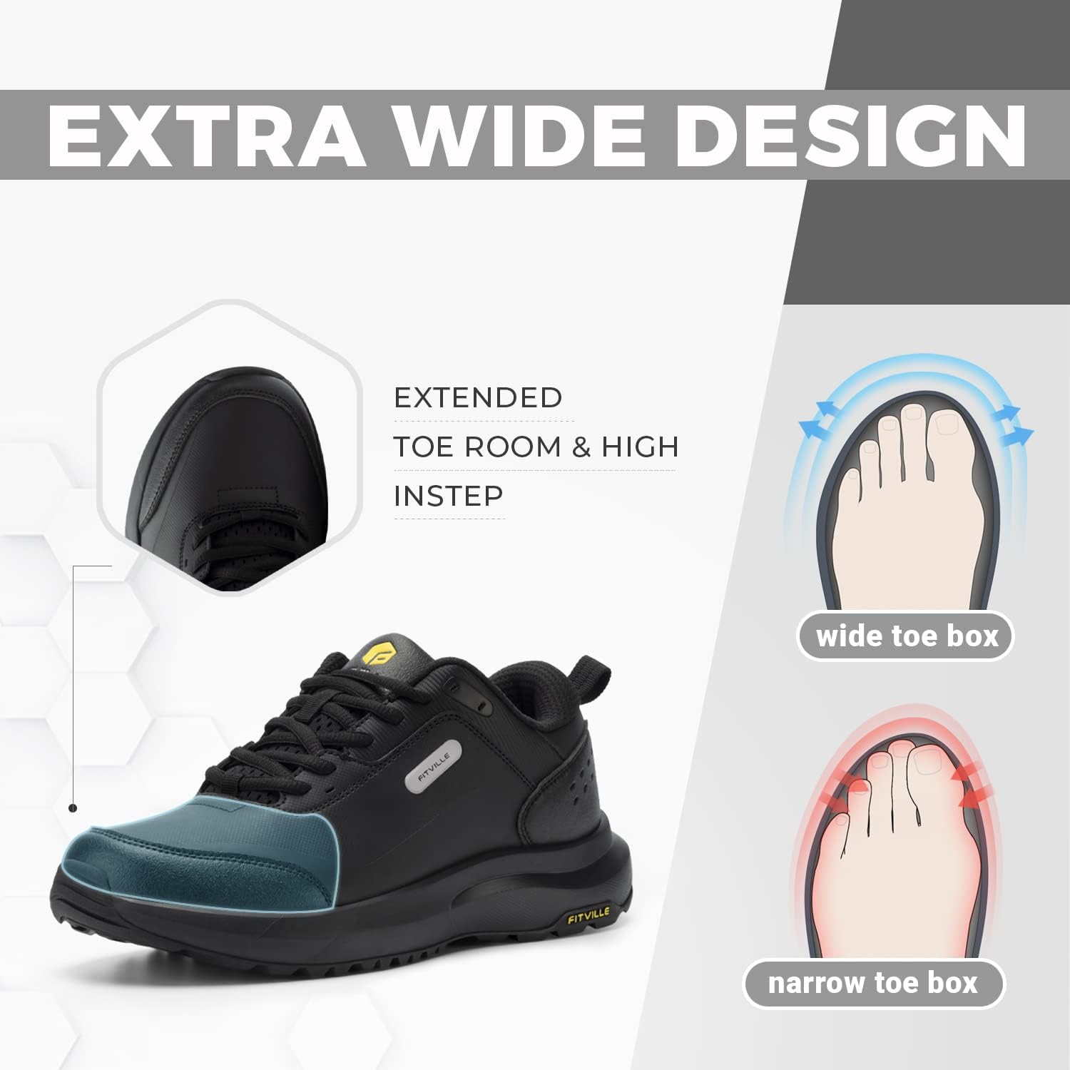 Chaussures Randonnée Hommes Extra Larges Chaussures de Course Imperméables Chaussures de Sport Légères Respirantes avec Soutien de Voûte Plantaire Soulager Douleurs au Talon 43 EU Large Noir