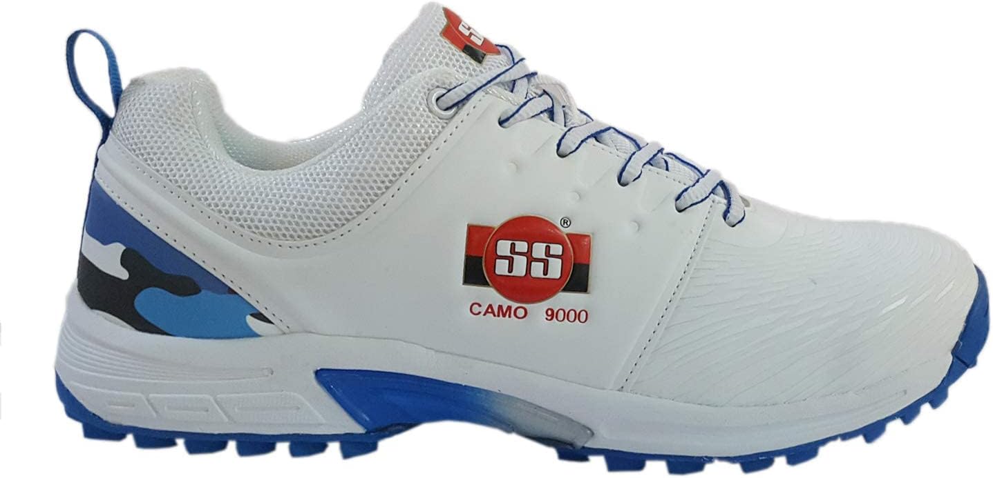 SS Camo 9000 Cricket Shoes - Colour: White & Blue - Size: EU 45/UK 11/US 12 - Material: Rubber & PU - for Boys and Men - Lightweight - Durable Build and Comfortable - Slip Resistant - Premium Quality