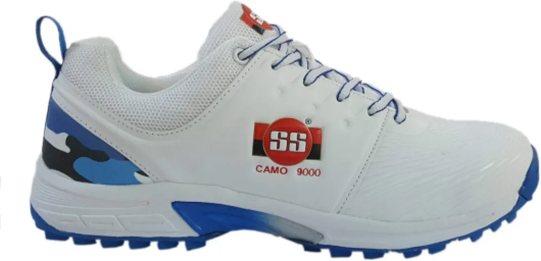 SS Camo 9000 Cricket Shoes - Colour: White & Blue - Size: EU 45/UK 11/US 12 - Material: Rubber & PU - for Boys and Men - Lightweight - Durable Build and Comfortable - Slip Resistant - Premium Quality